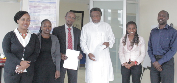 From left to right, Noreen Wambui AMI's Business Development Manager, Jocelyn Some AMI's Partnership & Liaison Officer, Muchiri Nyaggah LDRI Executive Director, Eric Chinje AMI Chief Executive Officer, Wangui Muriu LDRI Executive Assistant, Stephen Nyumba LDRI Director & Co-founder